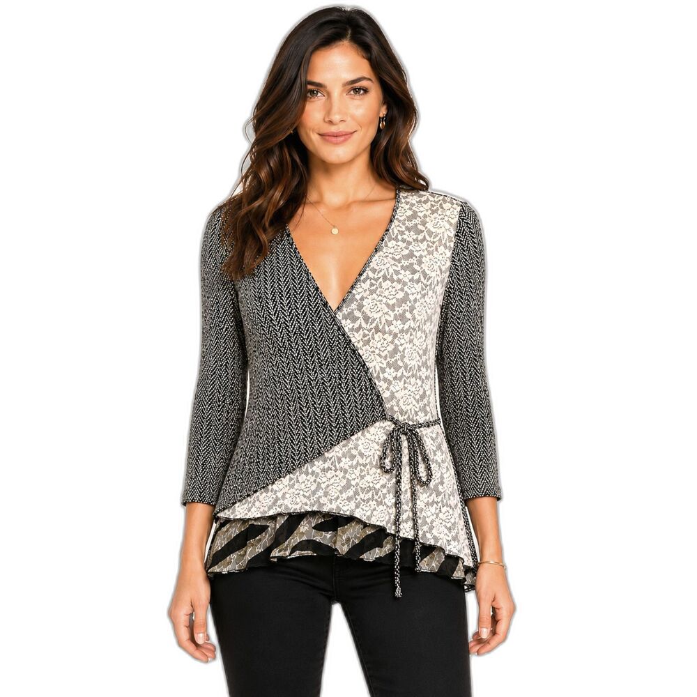 Alberto Makali Small Boho Lace Knit Wrap Top 3/4 Sleeve Art to Wear Lace Floral